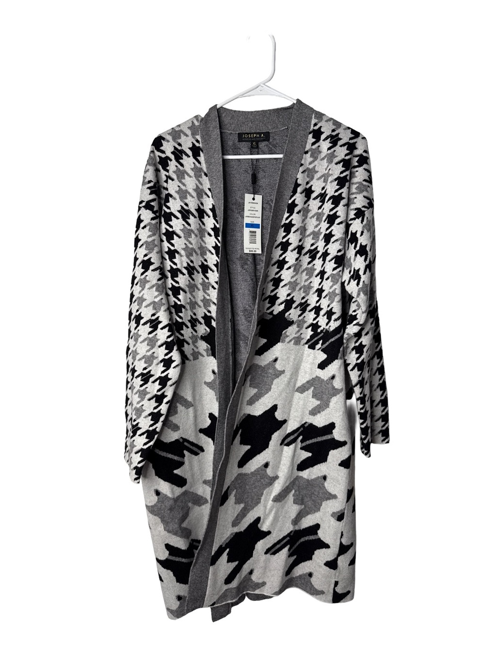 JOSEPH A. NWT Women’s Black White Gray Houndstooth Long Open Front Cardigan XL